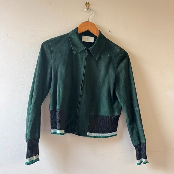 Sandro Jackets & Blazers - Sandro Lamb Leather Suede Bomber Jacket –Evergreen w/ Metallic Rib Trim – Size S